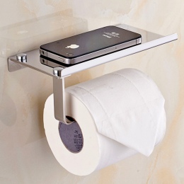Praktyczny funkcjonalny uchwyt łazienkowy na papier toaletowy chromowany z wygodną półeczką mocowany do ściany srebrny