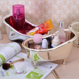 Dekoracyjny organizer łazienkowy do przechowywania kosmetyków w kształcie francuskiej wanny na nóżkach kolor srebrny złoty