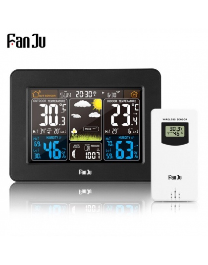 FanJu FJ3365B stacja pogodowa bezprzewodowy cyfrowy kolor prognoza alarmu kryty termometr zewnętrzny czujnik wilgotności podświe