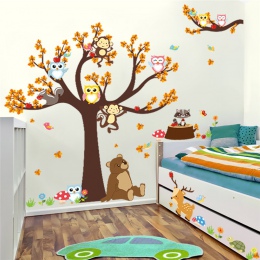 Cartoon las gałęzi drzewa zwierząt sowa małpa niedźwiedź jelenia naklejki ścienne dla dzieci pokoje chłopcy dziewczęta dzieci sy