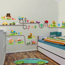 Cartoon samochody autostrady, aby śledzić naklejki ścienne dla dzieci pokoje naklejki dla dzieci pokój zabaw dekoracja sypialni 