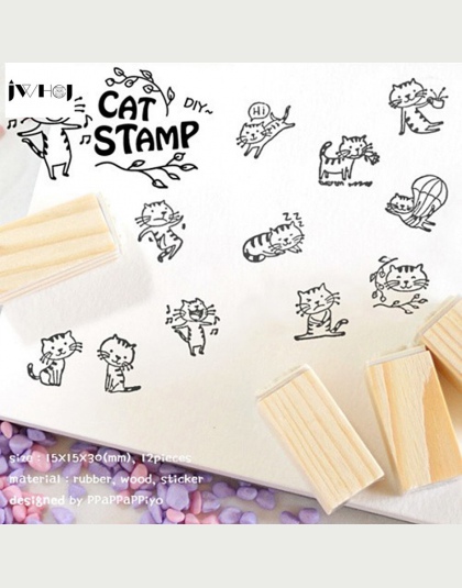12 sztuk/zestaw Mini słodkie kot DIY drewniane zestaw gumowych stempli rzemiosło ręcznie naklejka scrapbooking Album fotograficz