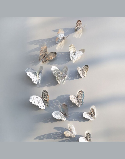 12 sztuk/partia 3D Hollow złoty srebrny motyl naklejki ścienne sztuki dekoracje domu naklejki ścienne na wesele wyświetlacz moty