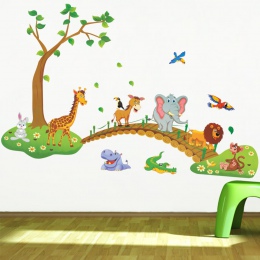 3D Cartoon Jungle dzikich zwierząt drzewo most lion Żyrafa słoń ptaki kwiaty naklejki ścienne dla dzieci pokój dzienny domu wyst