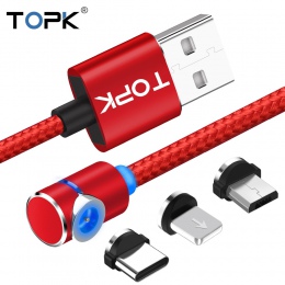 TOPK L magnetyczny kabel ładujący, 90 stopni LED dla iPhone X 8 7 6 Plus i kabel Micro USB i USB typu C kabel USB C