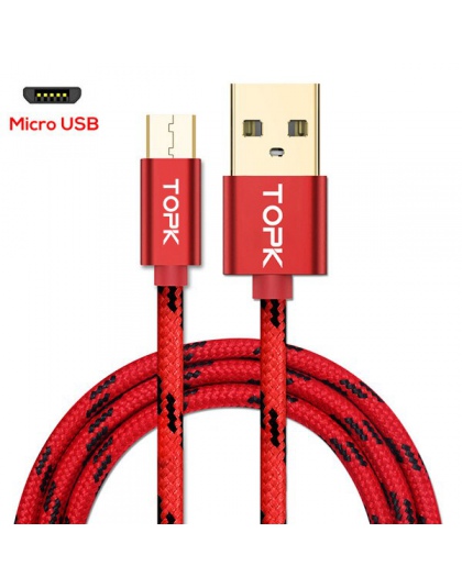 TOPK oryginalny kabel Micro USB z powłoki metalowe pozłacane złącze pleciony drut do Samsung/Sony/Xiaomi/ telefon z systemem And