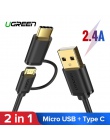 Ugreen kabel USB typu C do Samsung Galaxy S10 S9 Plus 2 w 1 szybko ładujący kabel micro USB dla Xiaomi Tablet kabel USB, Android