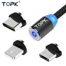 TOPK RLine2 LED magnetyczny kabel USB dla iPhone 6 7 8 Plus 5S SE iPad Air kabel magnetyczny do ładowania USB typu C & Micro kab