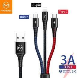 Mcdodo 3 w 1 kabel USB 3A do telefonu komórkowego Micro USB typu C kabel ładowarki do iPhone XR XS max X Huawei szybkie ładowani