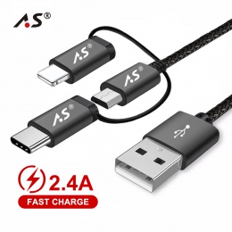 A.S 3in1 telefon komórkowy USB kabel do transmisji danych dla iPhone kabel Micro USB typu C ładowarka kabel do Xiaomi Huawei Sam