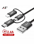 A.S 3in1 telefon komórkowy USB kabel do transmisji danych dla iPhone kabel Micro USB typu C ładowarka kabel do Xiaomi Huawei Sam