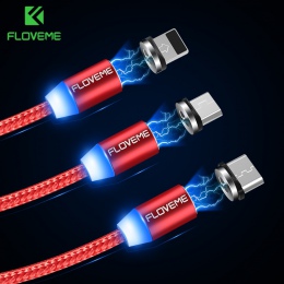 FLOVEME 1 M/2 M LED kabel magnetyczny, kabel Micro USB typ C magnes ładowarka 2A pleciony kabel do telefonu dla iPhone Xr Xs X S