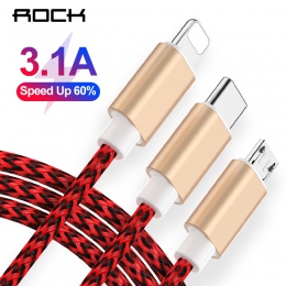 O wysokiej wytrzymałości 3 w 1 kabel do ładowania, ROCK 3A kabel USB do oświetlenia Micro typu C dla iPhone 8 X Xiaomi Samsung S