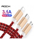 O wysokiej wytrzymałości 3 w 1 kabel do ładowania, ROCK 3A kabel USB do oświetlenia Micro typu C dla iPhone 8 X Xiaomi Samsung S