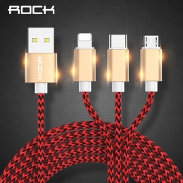 ROCK 3A o wysokiej wytrzymałości 3 w 1 kabel USB do oświetlenia Micro typu C dla iPhone X XS MAX XR 8 Xiaomi Samsung S9 S8 szybk