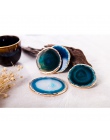 Agat kawałek niebieski agat coaster filiżanka do herbaty taca dekoracyjna projekt podstawka z kamienia złoty/srebrne krawędzie w