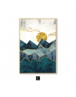 Nordic abstrakcyjne geometryczne krajobraz górski obraz ścienny na płótnie złote słońce plakat artystyczny obraz ścienny do salo