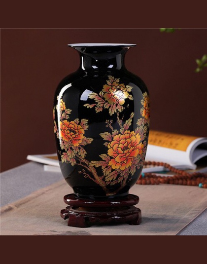 Nowy chiński styl wazon Jingdezhen czarny kryształ glazury porcelany wazon familie wzrosła wazony wystrój domu Handmade Shining