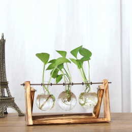 W stylu Vintage kreatywny roślina hydroponiczna przezroczysty wazon domu Decr drewniana rama kawiarnia pokój szklany blat roślin
