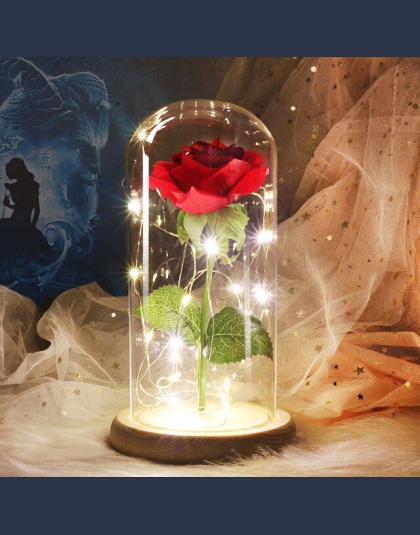 HOT Rose w kolby piękna i bestia pozłacane czerwona róża z LED światła w szklaną kopułą dla wedding Party prezent na dzień matki