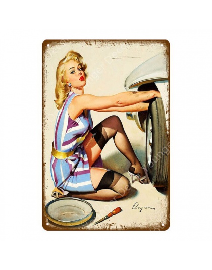 W stylu Vintage Sexy Lady Pin Up dziewczyna malarstwo plakietki emaliowane metalowa płyta plakat artystyczny naklejki ścienne Ba