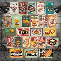 Vintage Home Decor Retro hamburgery metalowe plakietki emaliowane klasyczne amerykańskie Hot dogi z puszki po żywności płyta dla