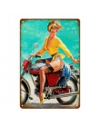 Sexy Lady samochód motocykl samolot z Pin Up Girls metalowe plakietki emaliowane w stylu Vintage plakat Art malarstwo Craft Pub 