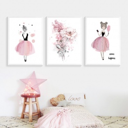Akwarela różowy księżniczka obrazy na płótnie kwiaty ścienne plakat artystyczny urodziny prezenty Nordic zdjęcia do dziewczyny d