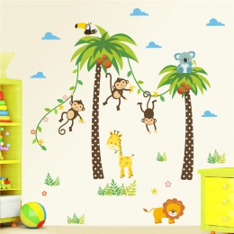 Zwierzęta leśne żyrafa lew małpa Palm drzewo naklejki ścienne dla dzieci pokój naklejki ścienne dla dzieci przedszkole dekoracja