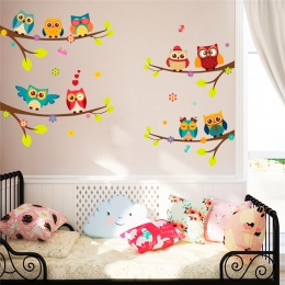 Cartoon sowa oddział naklejki ścienne dla dzieci pokój dzienny salon sypialnia home decor diy zwierząt naklejki ścienne plakaty 