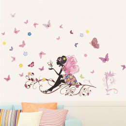 Piękna dziewczyna motyl kwiat sztuki naklejki ścienne na wystrój domu DIY osobowość Mural pokój dziecka przedszkole dekoracje dr