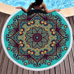 Modny okrągły kolorowy ręcznik plażowy z mikrofibry ozdobne frędzle oryginalne geometryczne wzory mandali na plaże