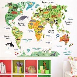 Cartoon zwierzęta mapa świata naklejki ścienne dla dzieci pokoje biuro wystrój pokoju dziecięcego 037 diy naklejki ścienne plaka