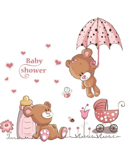 Cute para niedźwiedzie parasol naklejki ścienne dla dzieci pokoje naklejka Art dekoracja do pokoju dziecięcego przedszkole baby 