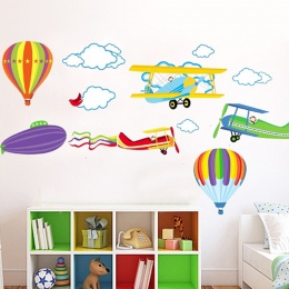 Cartoon samolot i gorące balony dekoracyjne wymienny naklejki ścienne etykiety winylowe dla dzieci pokój chłopców dekoracja domu