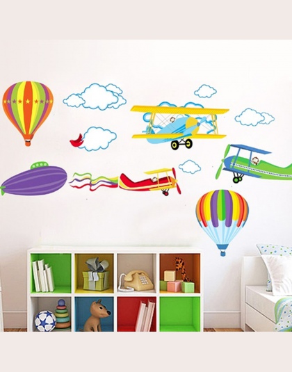 Cartoon samolot i gorące balony dekoracyjne wymienny naklejki ścienne etykiety winylowe dla dzieci pokój chłopców dekoracja domu