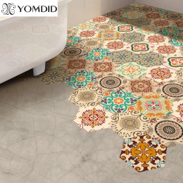 Kolorowe matowe naklejki podłogowe w bogato zdobione orientalne wzory dekoracyjne samoprzylepne kafelki sześciokątne