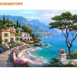 CHENISTORY morza śródziemnego krajobraz obraz DIY Numbers zestawy farby na płótnie z drewniane oprawione na ścianie domu wystrój