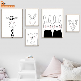 Kolorowy chłopiec królik niedźwiedź żyrafa Fox ściany reprodukcja na płótnie obraz na płótnie Nordic plakat czarny biały zdjęcia