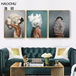 HAOCHU plakaty i reprodukcje kwiaty Feather Sexy kobiety postaci na płótnie malarstwo zdjęcia ścienny do salonu Home Decoration