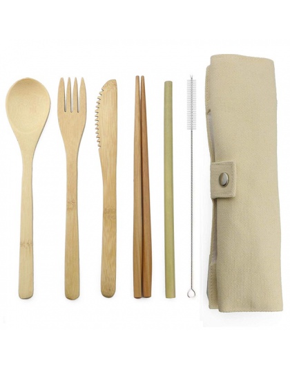 6 PC przenośny zestaw obiadowy japoński bambus sztućce widelec-nóż-łyżka pałeczki podróży łyżeczka łyżka słomy kuchnia zastawa s