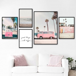 Różowy autobus niebo morze plaża palmy kokosowe cytat Nordic plakaty i reprodukcje obraz ścienny na płótnie zdjęcia ścienny do s