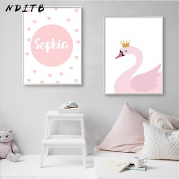 NDITB imię niestandardowy plakat Cartoon różowy łabędź przedszkola drukuj malowidło dekoracyjne dla dzieci dziewczyny salon deko