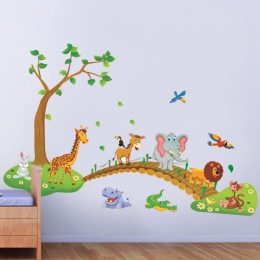 Cartoon Jungle dzikich zwierząt naklejki ścienne dla dzieci pokoje wystrój domu lew żyrafa słoń ptaki salon naklejki pcv