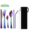 JANKNG 8-Pcs czarny naczynia stołowe z słoma ze stali nierdzewnej kolorowe zastawy stołowe nóż do kotletów widelec łyżeczka obia