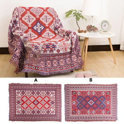 Bawełniany koc w kratę boho – retro narzuta tkana sofa i łóżko Czerwony
