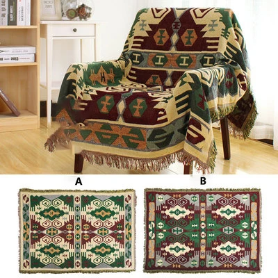 Bawełniany koc w kratę boho – retro narzuta tkana sofa i łóżko Niebieski