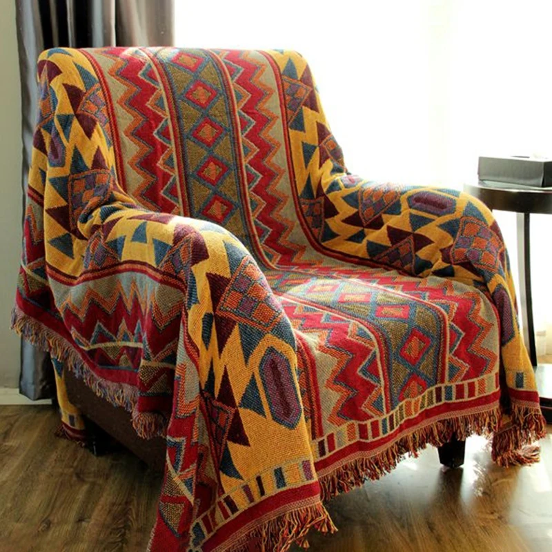 Bawełniany koc w kratę boho – retro narzuta tkana sofa i łóżko Pomarańczowy