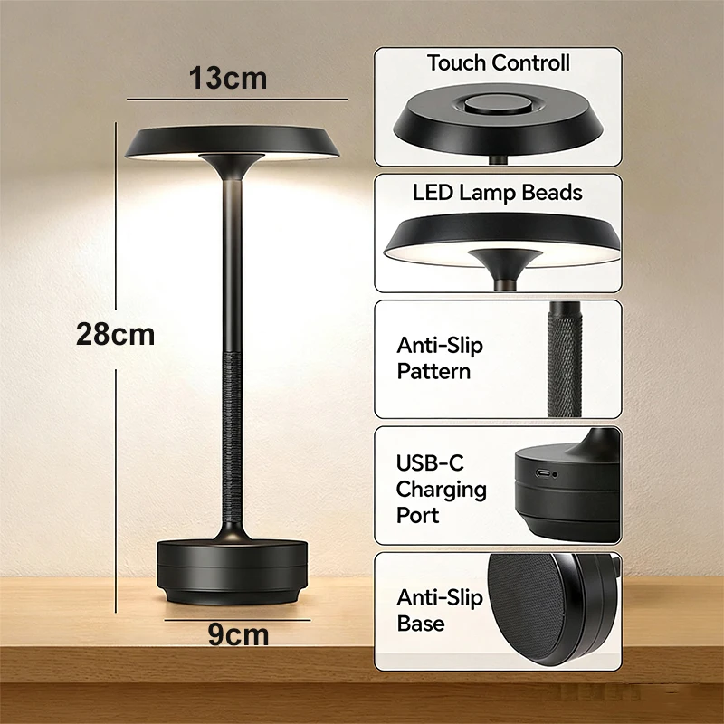 Bezprzewodowa lampa stołowa LED aluminiowa dotykowa USB złota lub czarna Czarny