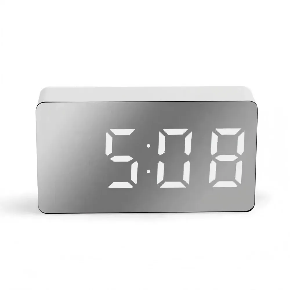 Biały budzik LED z lustrzanym ekranem i nocnym podświetleniem — USB Czarny